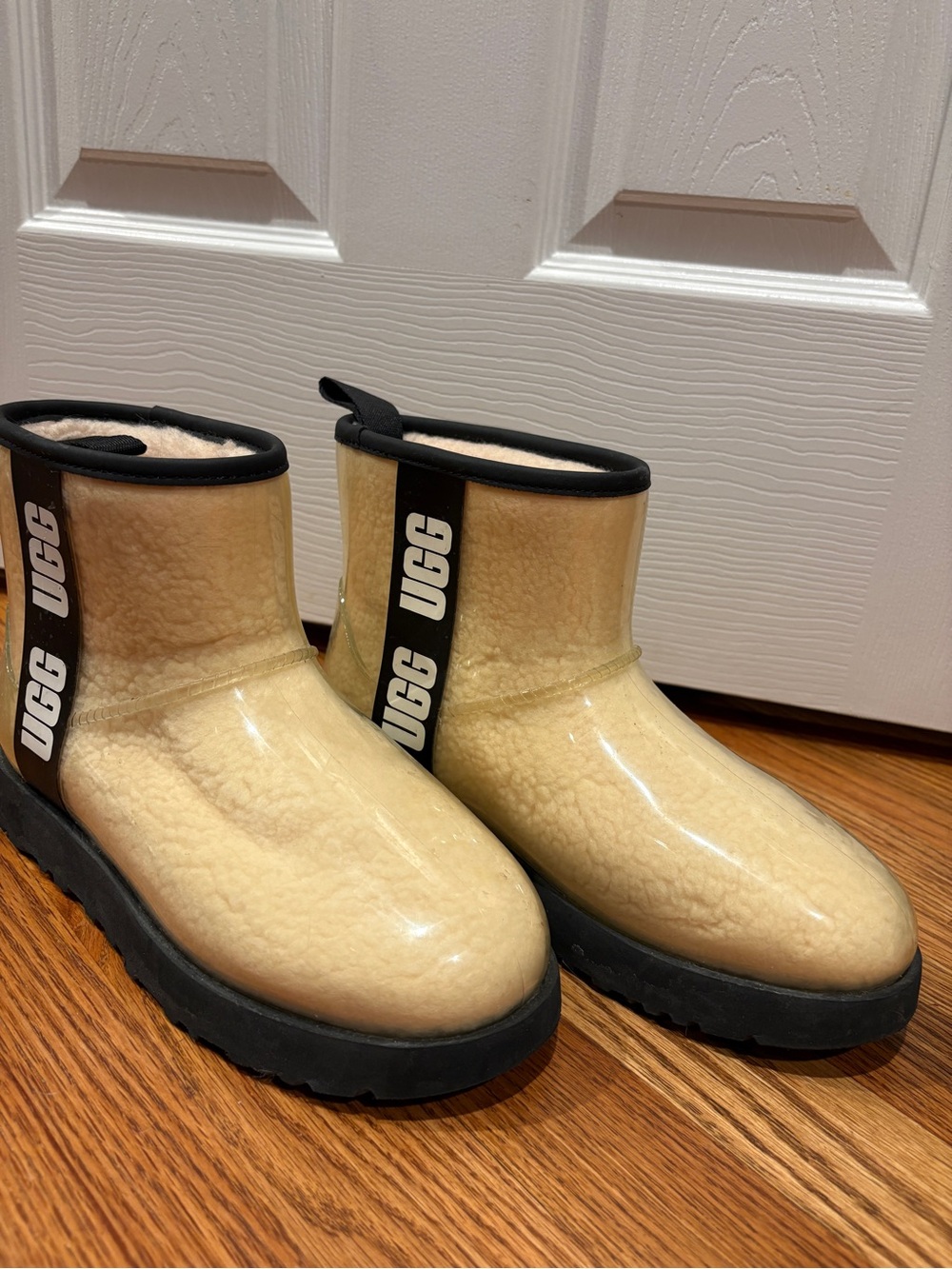 UGG Clear Rain Booties with Beige Shearling and Black Trim